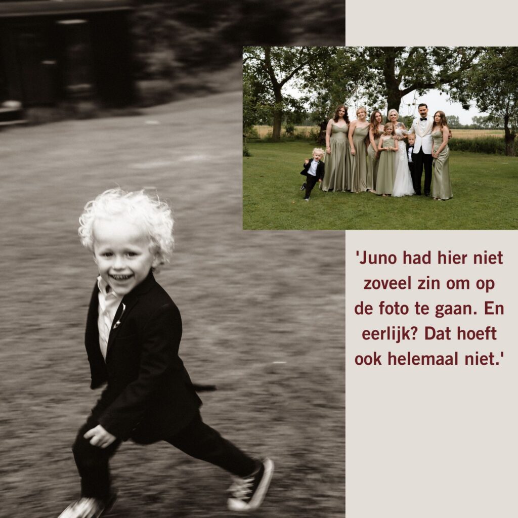 Bruidsreportage van familie Bal waar Juno rondjes om de familie heen rent.