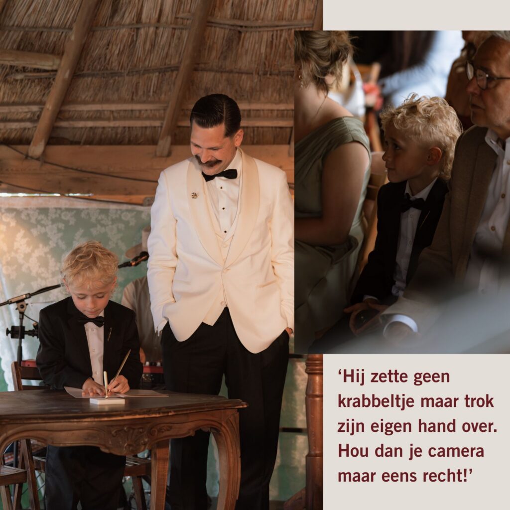 Familie bal tijdens de ceremonie van het trouwen waar Juno zijn hand overtrekt om te ondertekenen als getuige.